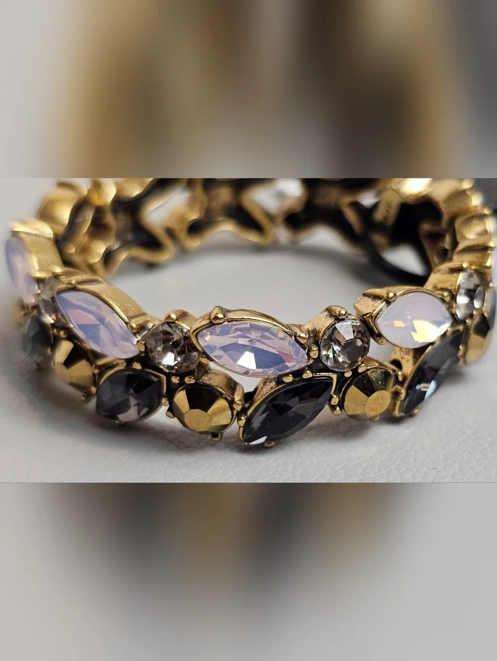 [J CREW] Puzzle Stretch Bracelet Opalescent, Lavender and Black Stones Gold Tone